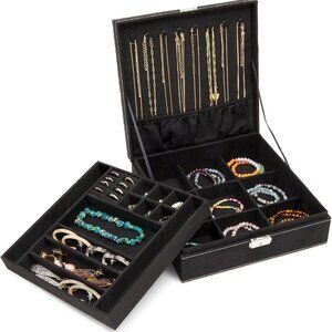 Velvet Jewelry Box Organizer - Lockable 2 Layer Travel Case, Earrings Storage wi
